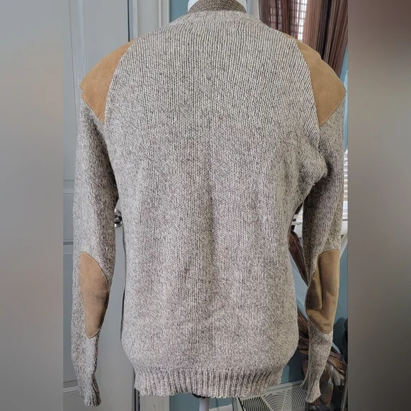 Vintg Early 80s Sweater Mens L Oatmeal Tan w/ Leather Patches Wool Blend US Made - Picture 3 of 11